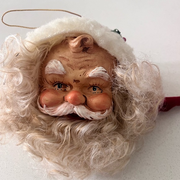 Vtg‎ Antiqued Santa Head Christmas Ornaments Hand painted Celluloid Set Of 2
